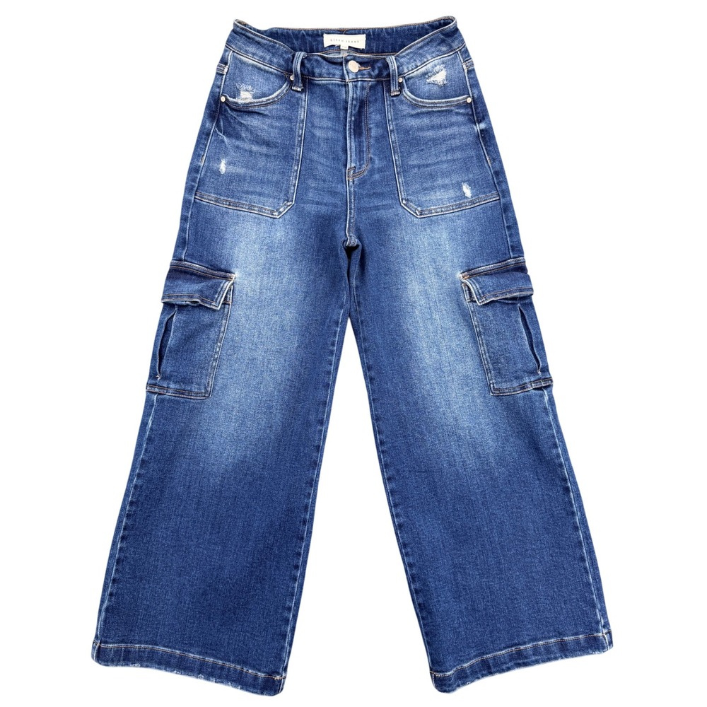 Risen Jeans Womens Medium Wash Wide Leg Cargo Jeans Distressed Size 7/28 RDP5777